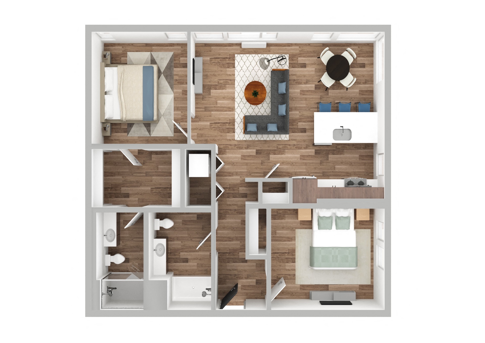 Floor plan for 2 beds, 2 baths, 1031 sqft